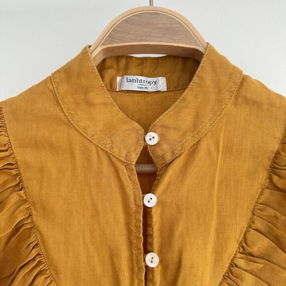 Lanhtropy Dress Womens XS Linen Tunic Flounce Victorian Boho Chic Rustic Mustard - Picture 3 of 9